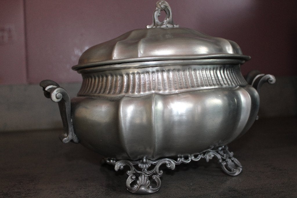 Antieke tinnen soepterrine 95% (H.20cm B.26cm), Antiek en Kunst, Ophalen of Verzenden