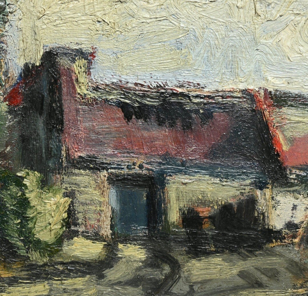 CORTIER Amedee "Hoeve met hoge bomen" olie op papier, Antiek en Kunst, Ophalen of Verzenden