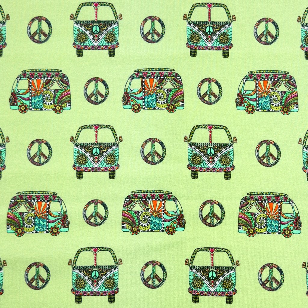 Outlet : Jersey stof Volkswagen busjes, groen., Hobby & Loisirs créatifs, Tissus & Chiffons, Neuf, 200 cm ou plus, Coton, Vert