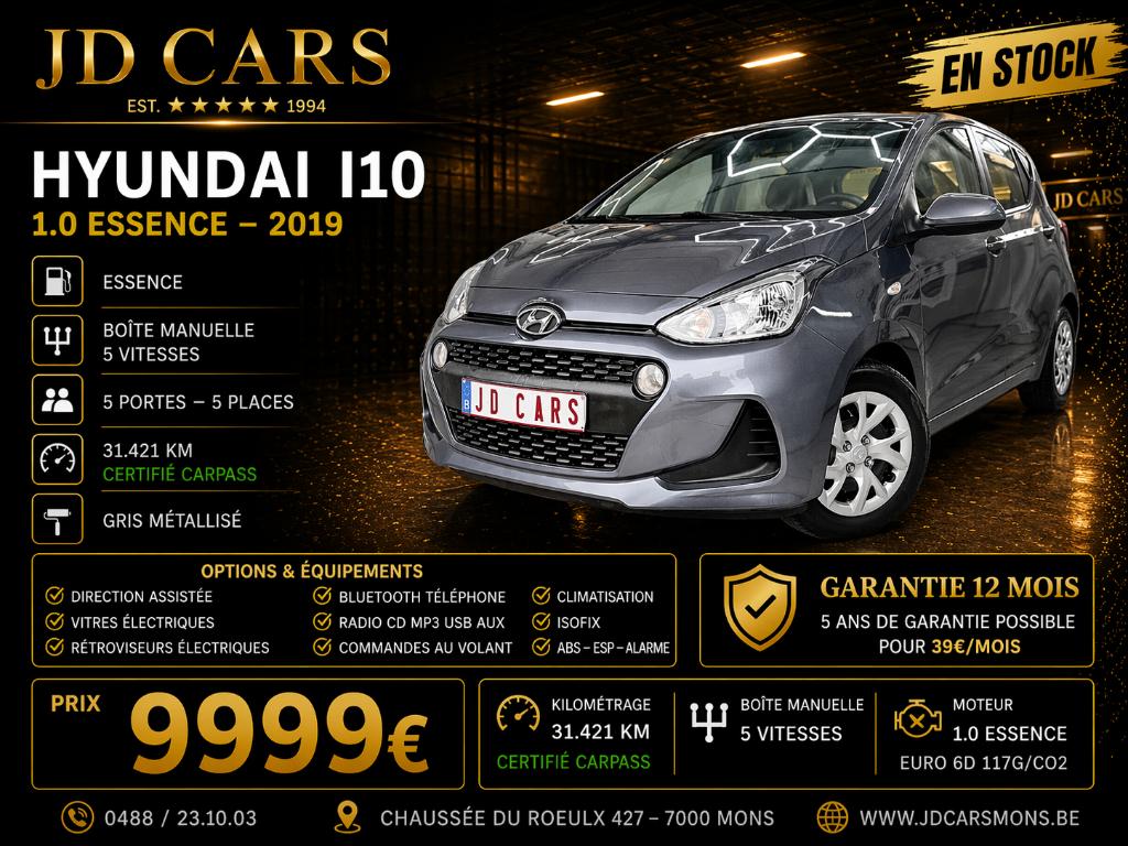 HYUNDAI I10 1.0 ESSENCE 31MKM ‼️GARANTIE 1 AN CTOK‼️, Autos, Hyundai, Argent ou Gris, Achat, 998 cm³, Entreprise