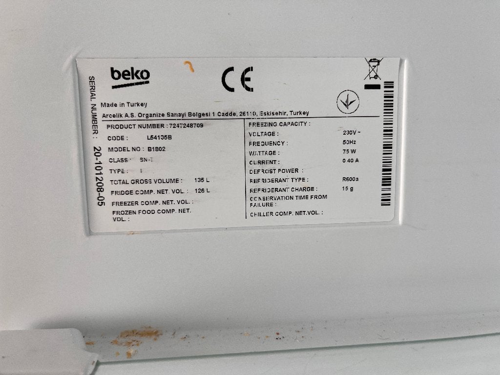 Inbouwkoelkast BEKO., 100 tot 150 liter, 45 tot 60 cm, Ophalen, 85 tot 120 cm