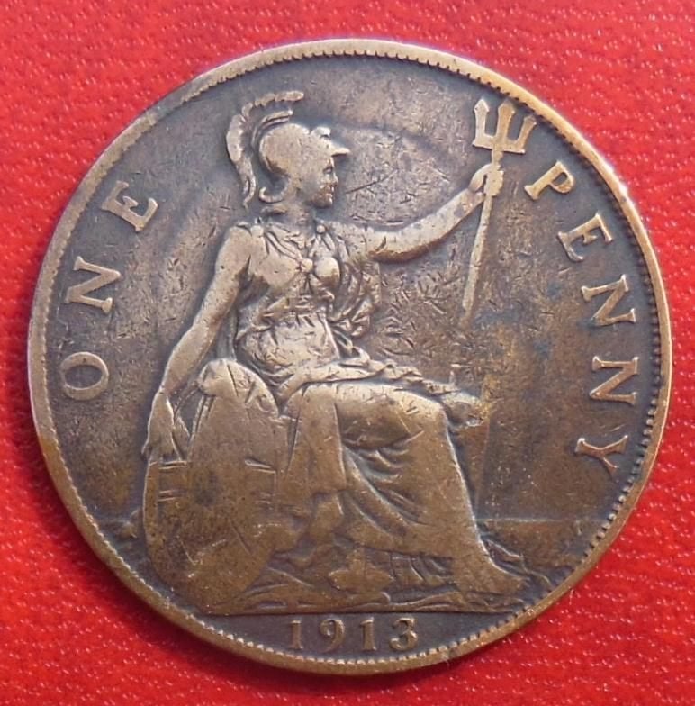GB 1913 1 penny Georges 5, Postzegels en Munten, Verzenden, Metaal, Losse munt