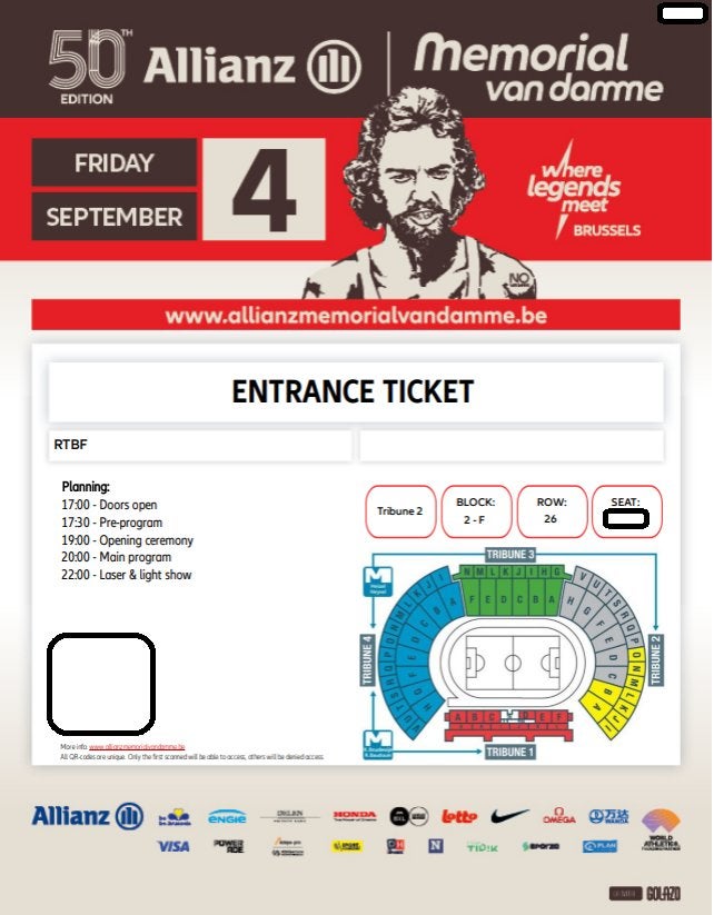 Memorial Van Damme vrijdag 4 september – 2 tickets, Tickets en Kaartjes, Twee personen, September