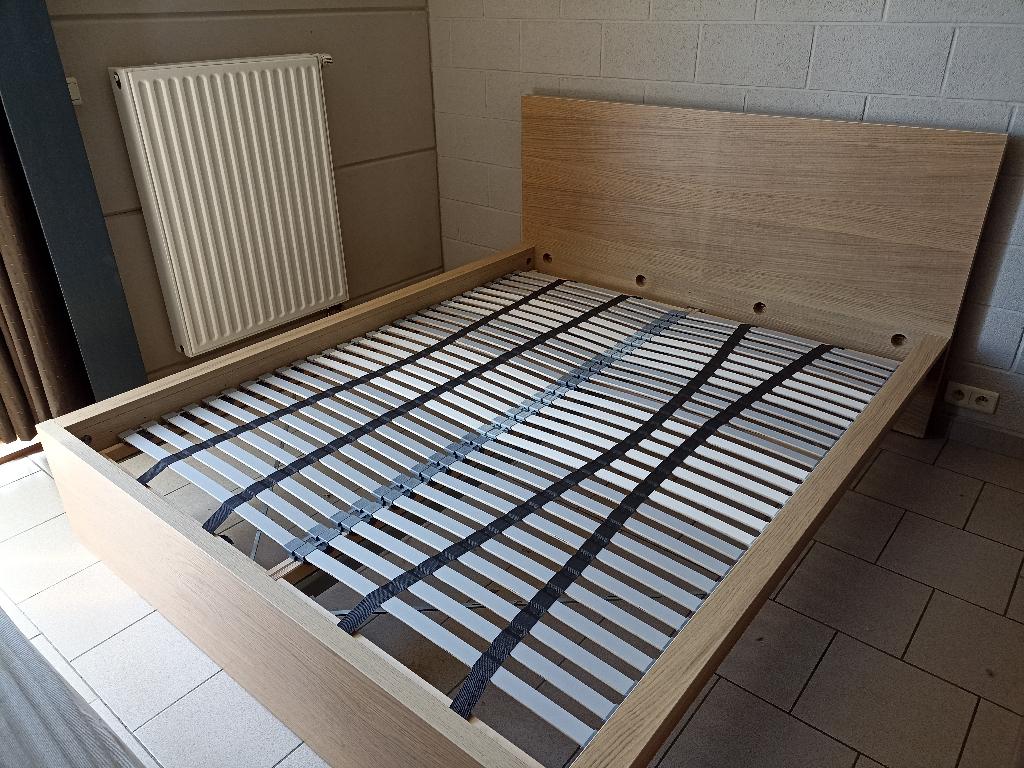 Lit ikea malm + sommier + matelas, Ophalen, Gebruikt, Beige, Tweepersoons