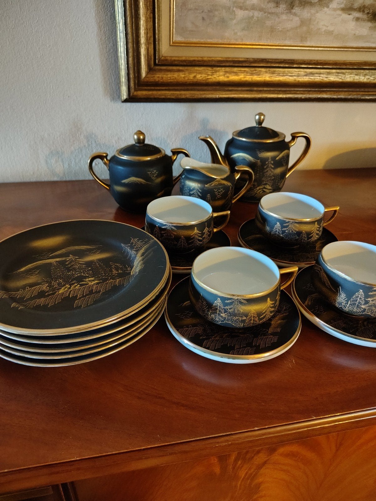 Vintage Japans theeservies zwart met goud, Enlèvement