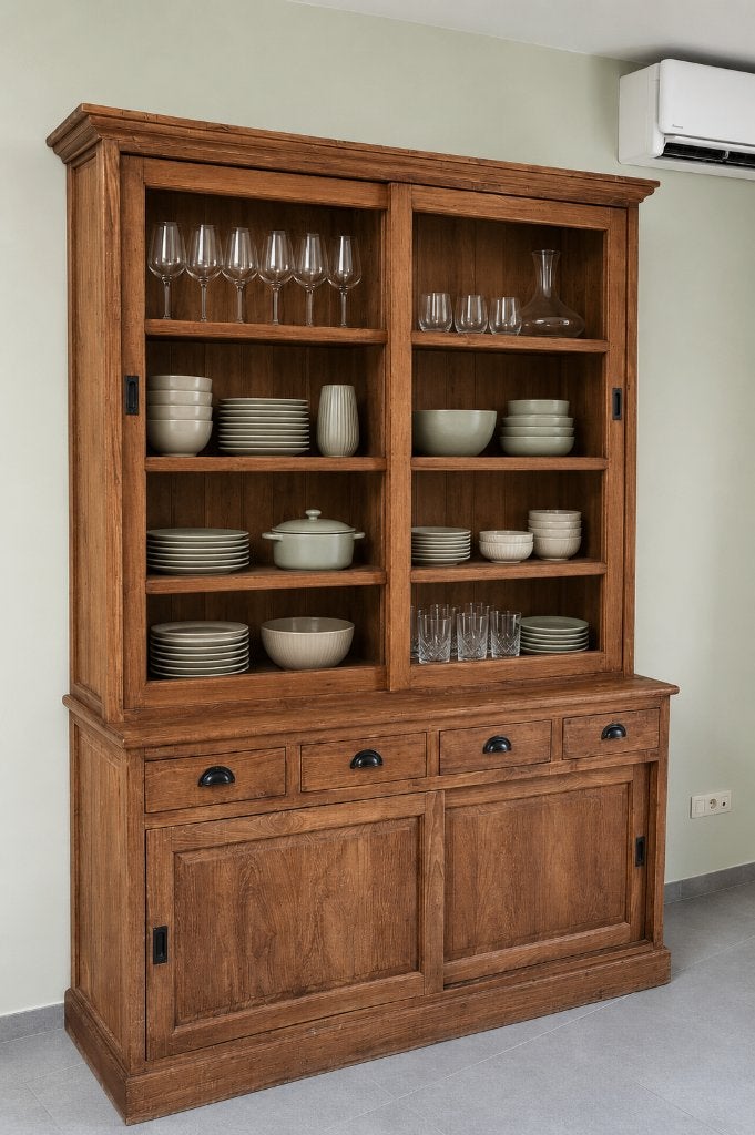 Barkast in gerecycleerde teak, Huis en Inrichting, Ophalen, Met deur(en), Glas, 150 tot 200 cm