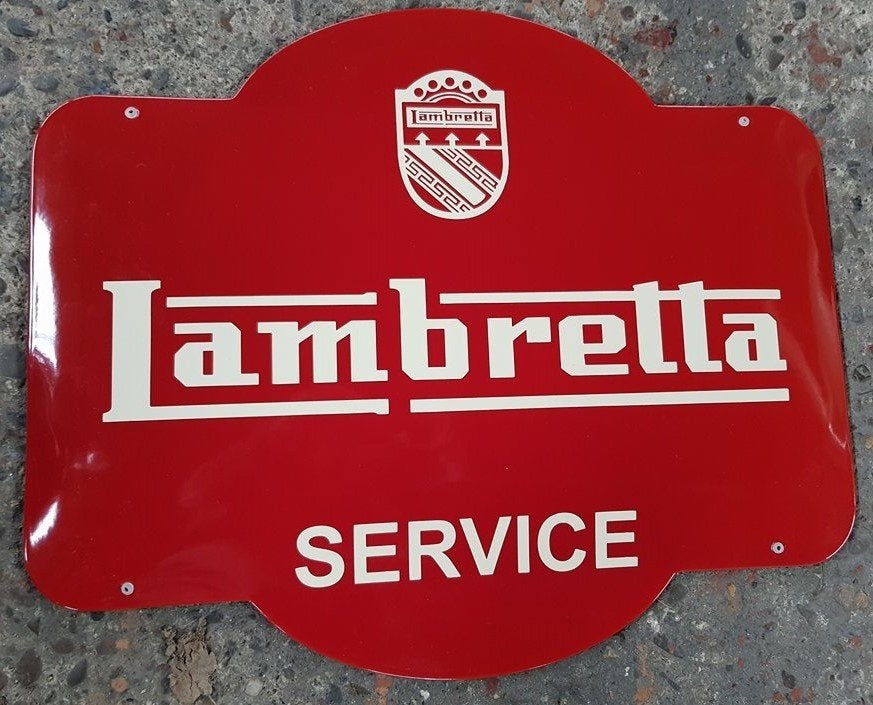 Lambretta service emaillen reclame decoratie bord scooter, Ophalen of Verzenden, Zo goed als nieuw, Reclamebord