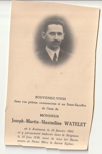 Décès Joseph WATELET Arsimont 1902 - 1939 (photo), Envoi, Image pieuse