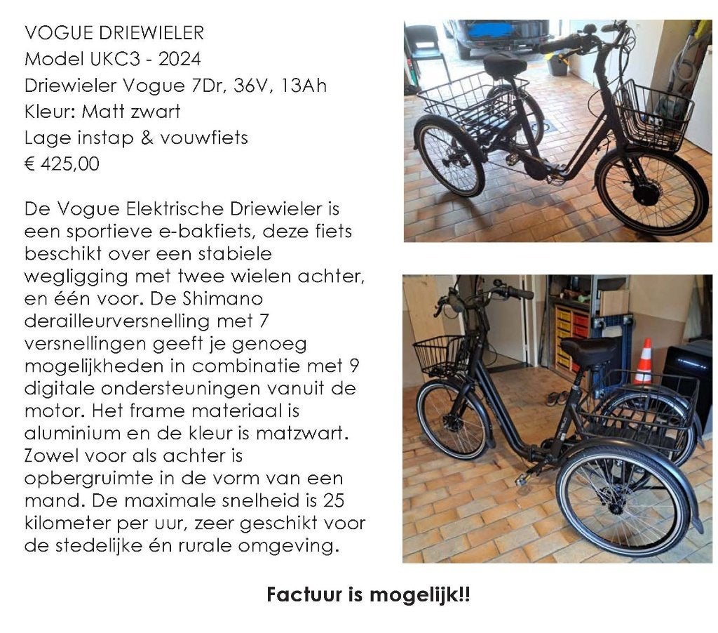 elektrische fiets, Fietsen en Brommers, Ophalen, Nieuw, Vogue elektrische driewieler
