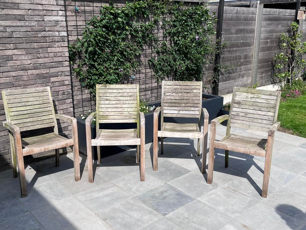 Houten tuinstoelen - 4 stuks, Ophalen, 4 zitplaatsen, Gebruikt, Teakhout