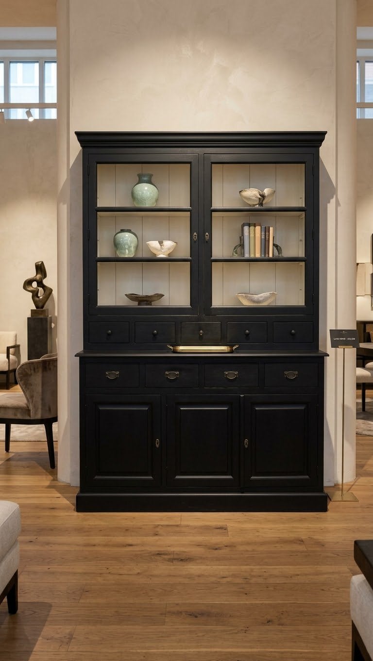 Armoire noire avec portes vitrées et tiroirs., Neuf, Strak, Enlèvement ou Envoi, 150 à 200 cm