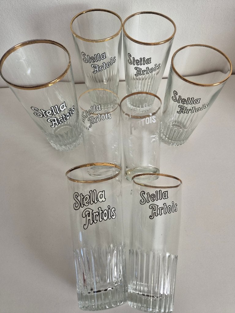 oude glazen stella artois met gouden rand boerkes emaille, Verzamelen, Ophalen of Verzenden, Zo goed als nieuw, Bierglas