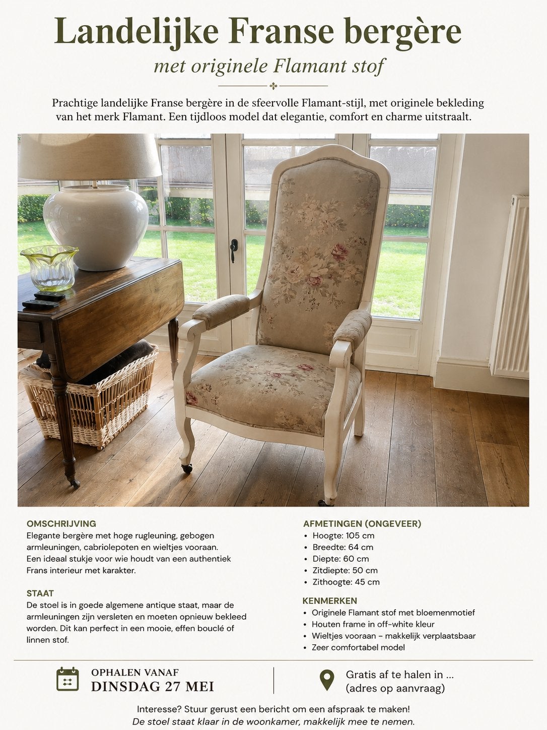 Fauteuil ancien gratuit, tissu Flamant en tissu flamant, Enlèvement, Tissus