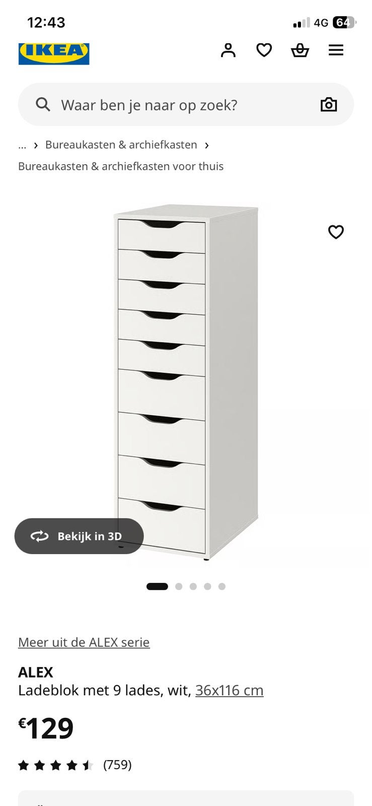 Ikea Ladeblok met 9 lades, wit, 36x116 cm, Enlèvement, Comme neuf