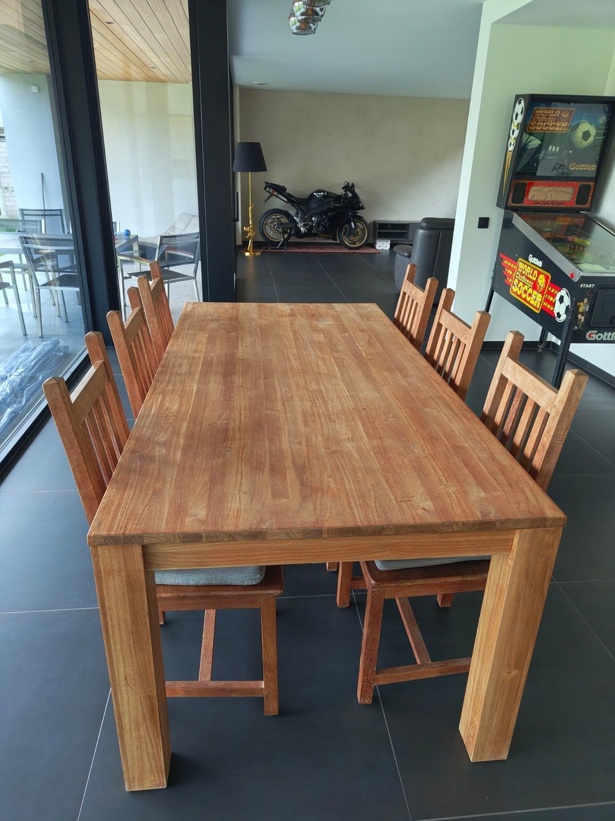 Teak tafel met 6 stoelen, Huis en Inrichting, Complete eetkamers, Ophalen