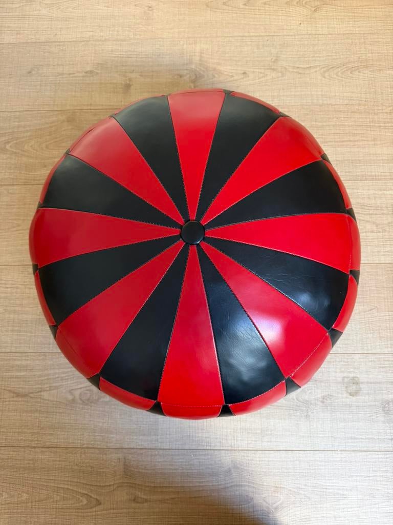 Vintage poef rood zwart | retro zitkussen, Huis en Inrichting, Ophalen of Verzenden, Zo goed als nieuw