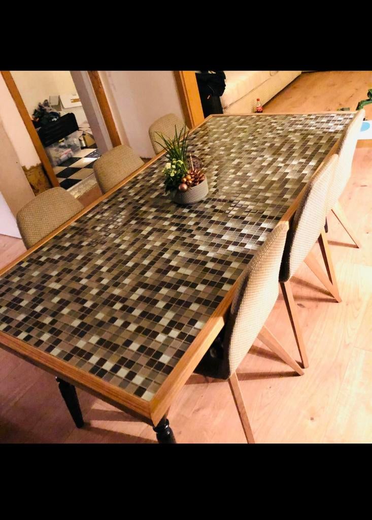 Retro mozaïek tafel in scheepshout, Huis en Inrichting, Tafels | Eettafels, Ophalen, Zo goed als nieuw