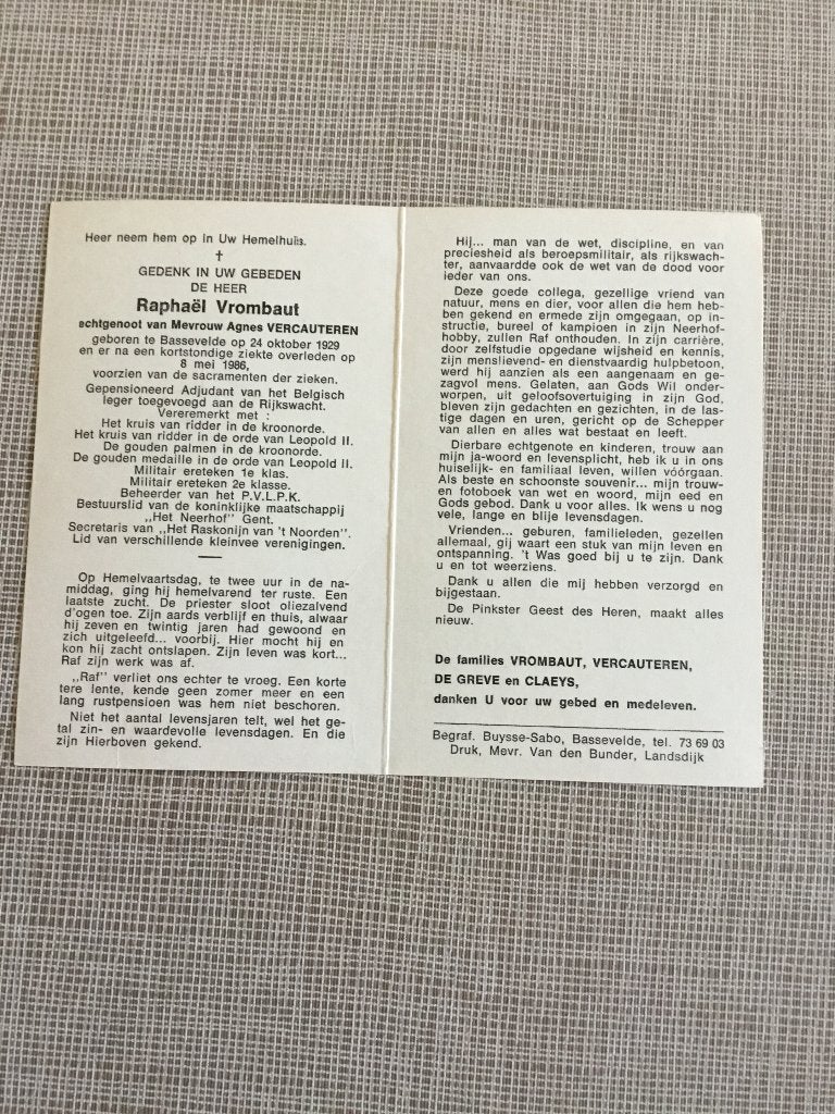 Rijkswachter Vrombaut Bassevelde +1986 Vercauteren, Verzamelen, Bidprentjes en Rouwkaarten, Verzenden, Bidprentje