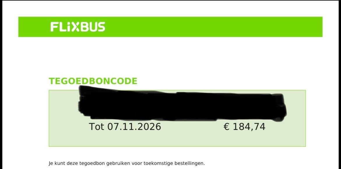 Voucher Flixbus waarde €184,74, Tickets en Kaartjes, Bus, Metro of Tram