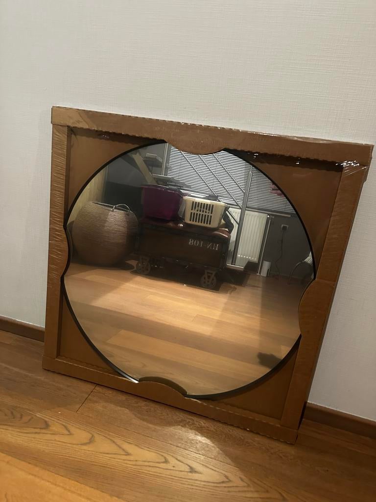 Miroir rond élégant et flambant neuf avec cadre noir, Neuf, Moins de 100 cm, Rond, Enlèvement