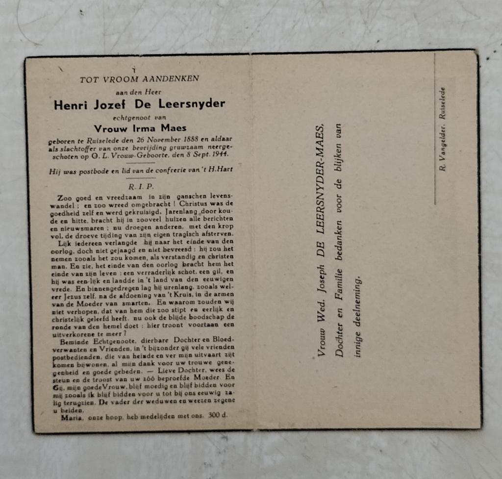 Slachtoffer WO II - Ruiselede neergeschoten bevrijding 1944, Verzamelen, Bidprentjes en Rouwkaarten, Verzenden, Bidprentje