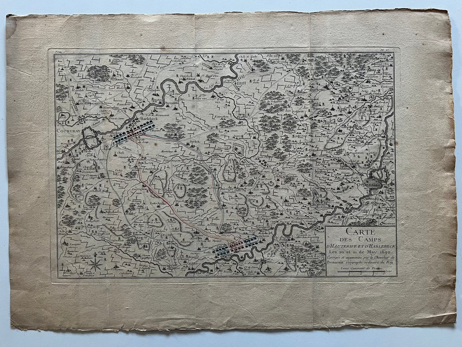 Antieke Militaire Kaart Kortrijk-Harelbeke (Beaurain, 1755), Antiek en Kunst, Ophalen, Militair, Gravure, Origineel