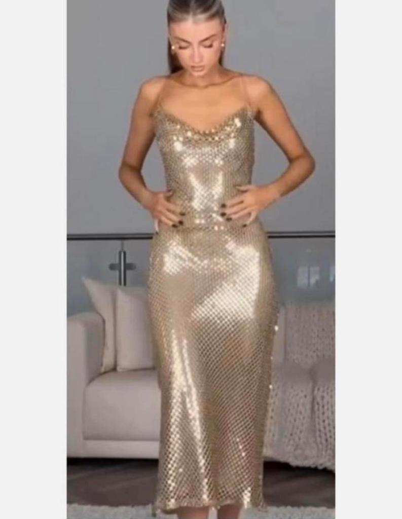 Zara Mesh Slip Midi Dress Gold Goud Metallic M NIEUW Jurk, Kleding | Dames, Gelegenheidskleding, Nieuw, Galajurk, Maat 38/40 (M)
