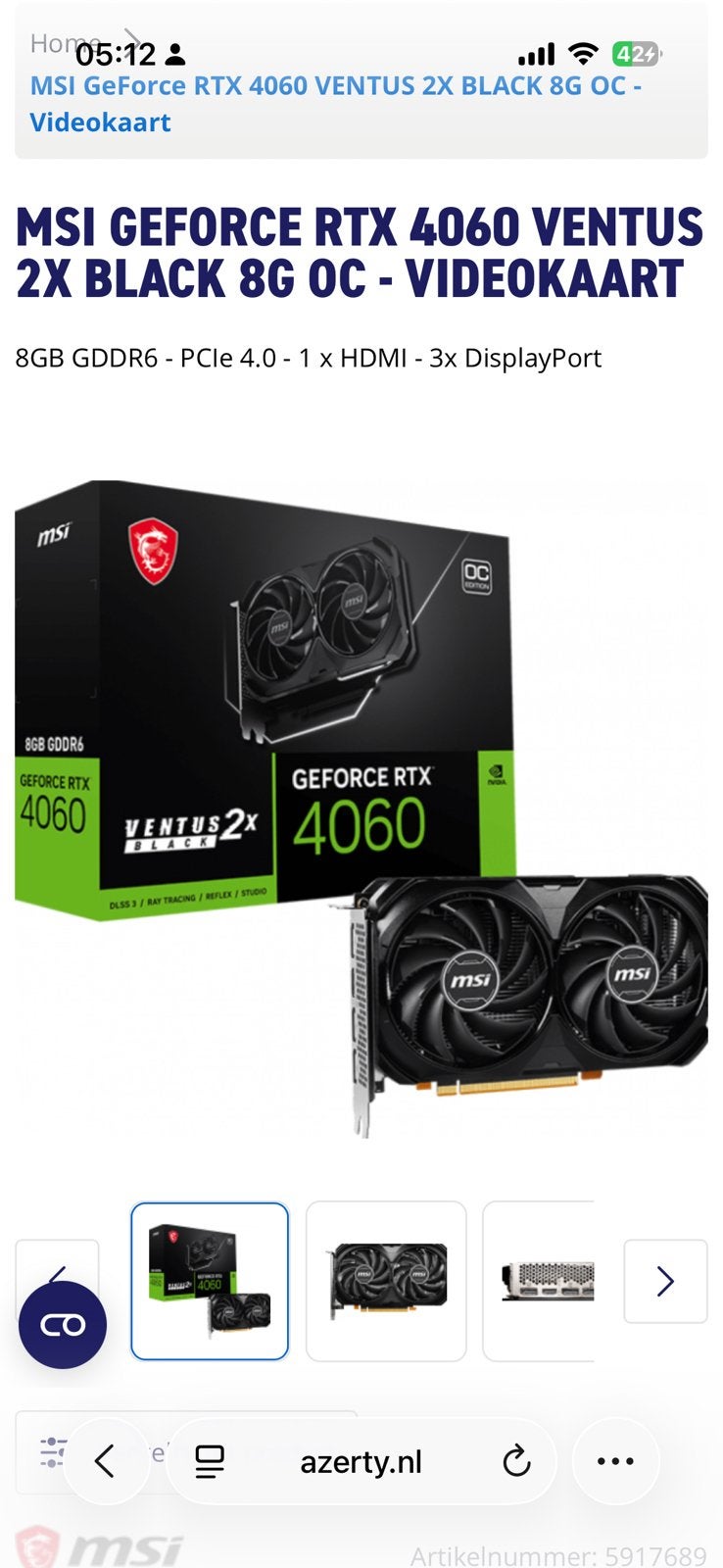 Msi 4060 8gb, Computers en Software, Videokaarten, Ophalen, Gebruikt, Nvidia, HDMI