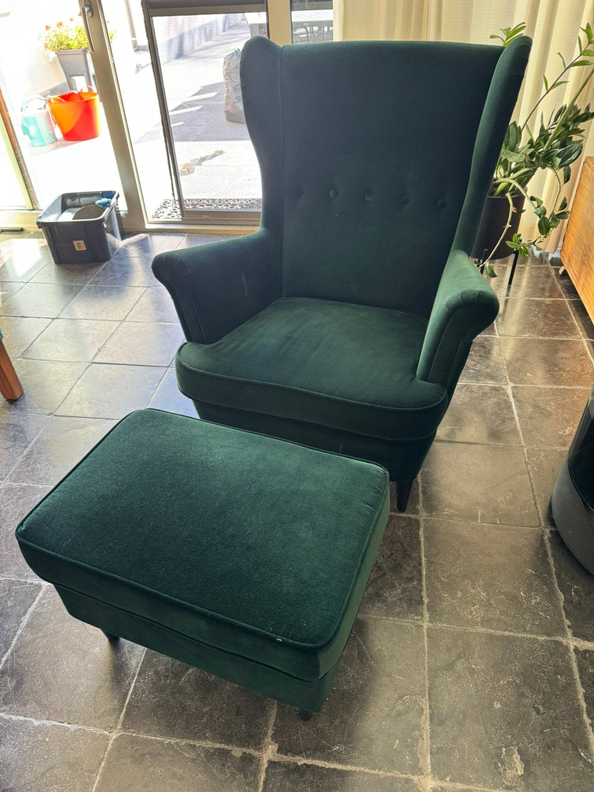 Fauteuil groen ikea met voetenbank, Ophalen, Gebruikt, Stof
