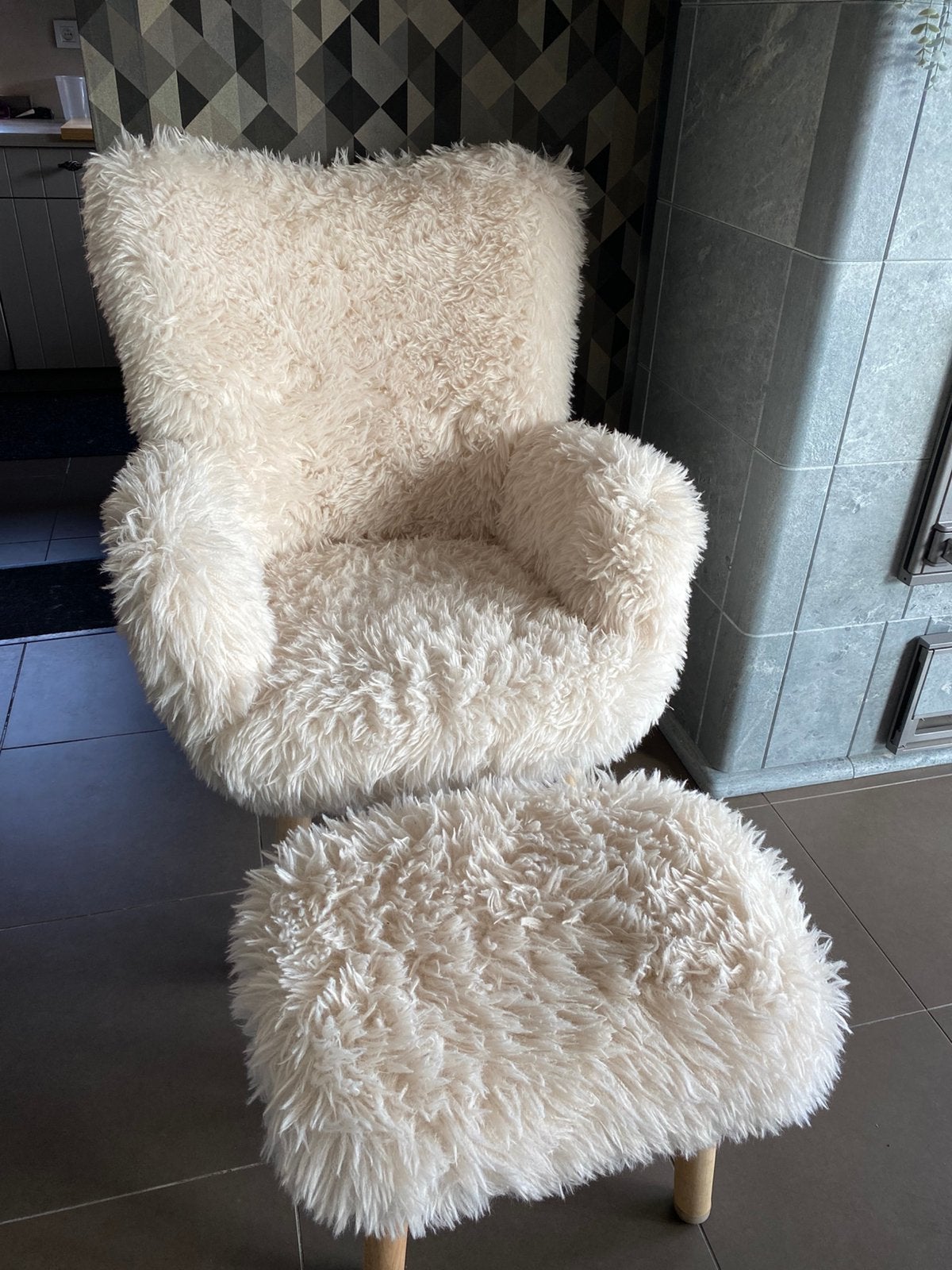 Fauteuil m/voetenbank HVILSTED gebroken wit teddy/naturel, Enlèvement, Comme neuf, Bois