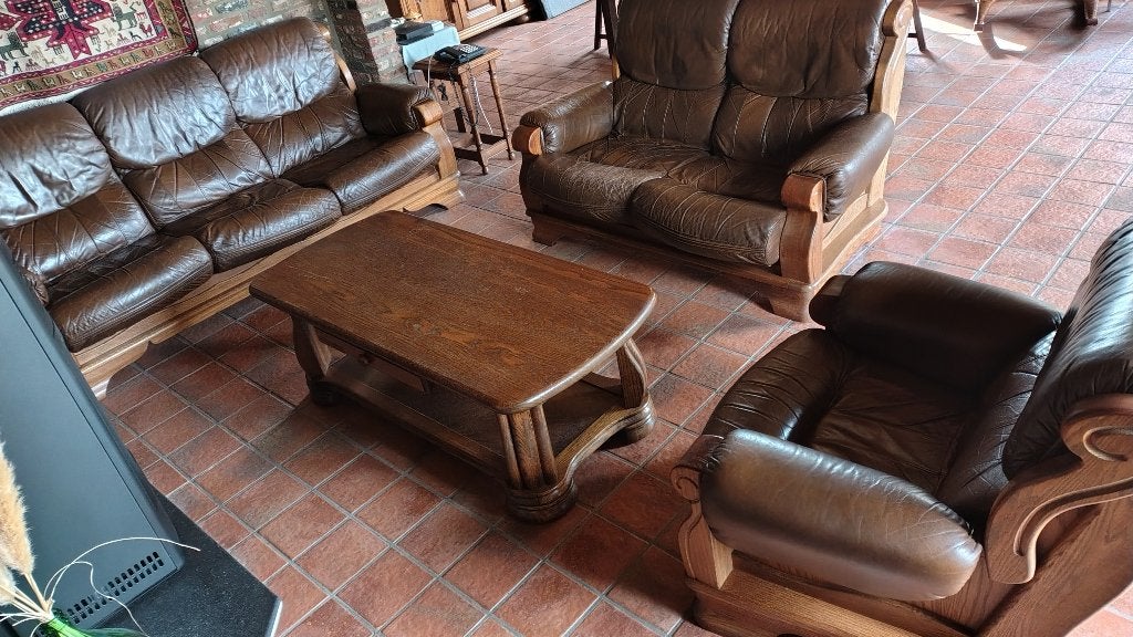 Salon Leder 3+2+1 en salontafel, Maison & Meubles, Canapés | Salons, Enlèvement, Utilisé, Bois