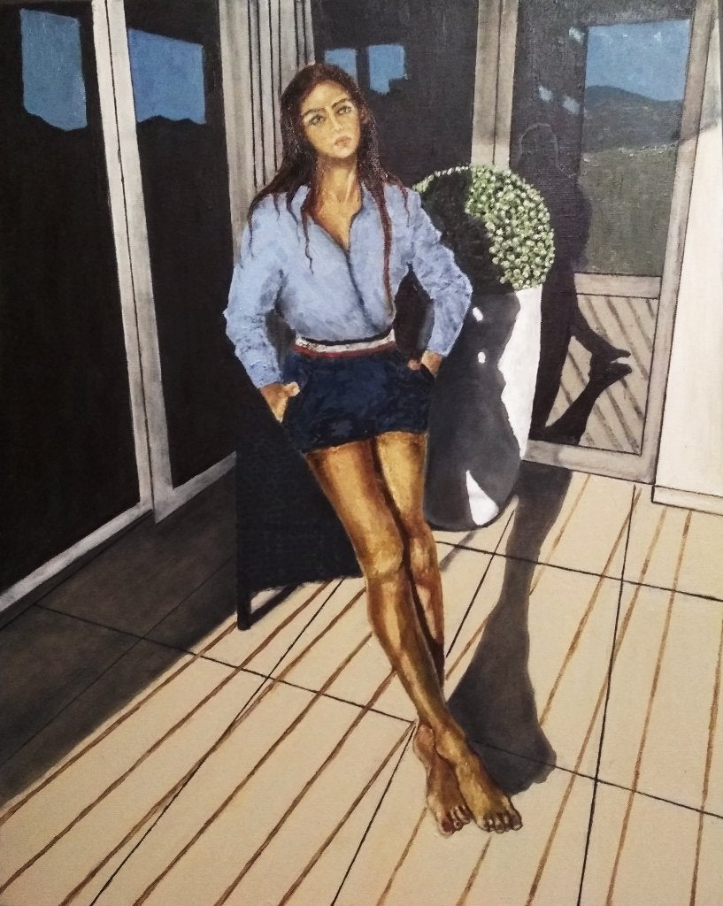 "Op het terras"  Schilderij, Antiek en Kunst, Verzenden, Olieverf, Handgeschilderd, Portret