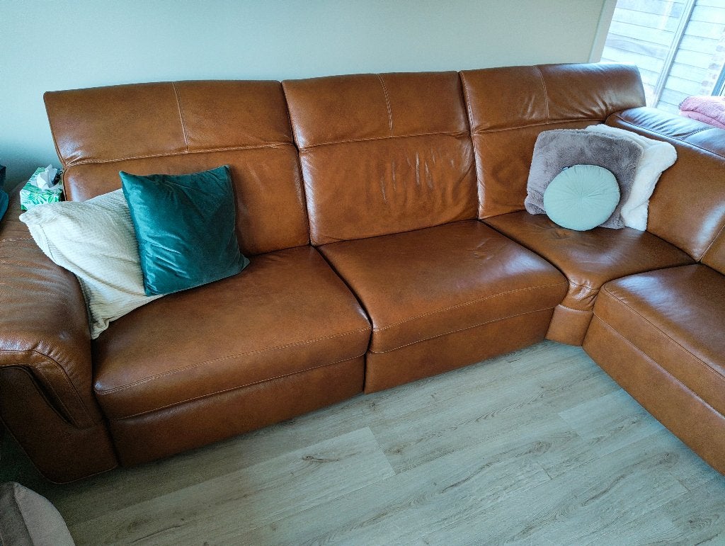 Bruine lederen zetel met 2 elektrische relaxen, Huis en Inrichting, Ophalen, Gebruikt, Leer