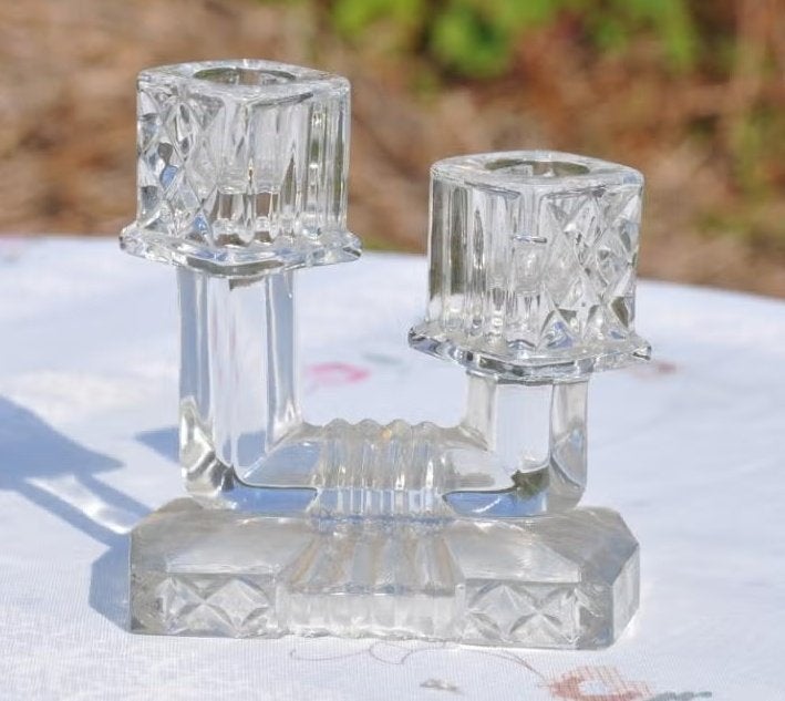 § bougeoir art deco en verre moulé, Enlèvement ou Envoi, Verre
