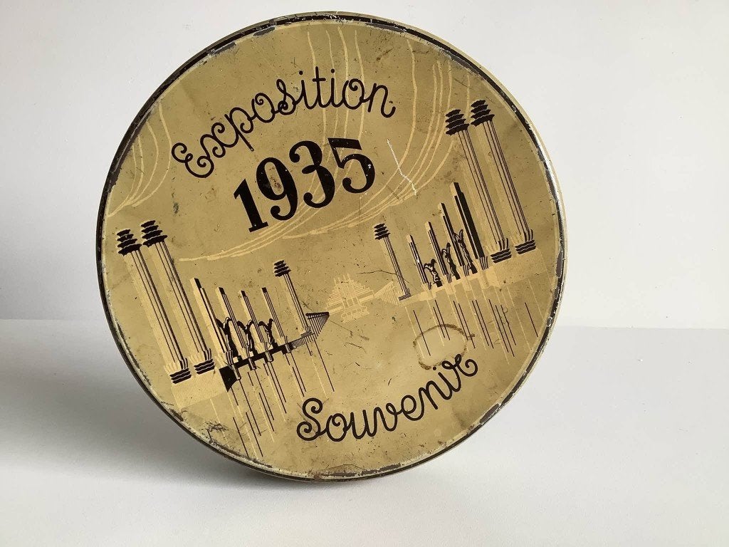 Rare boîte art déco Expo 1935 Bruxelles, Enlèvement ou Envoi, Utilisé, Biscuits, Autres marques