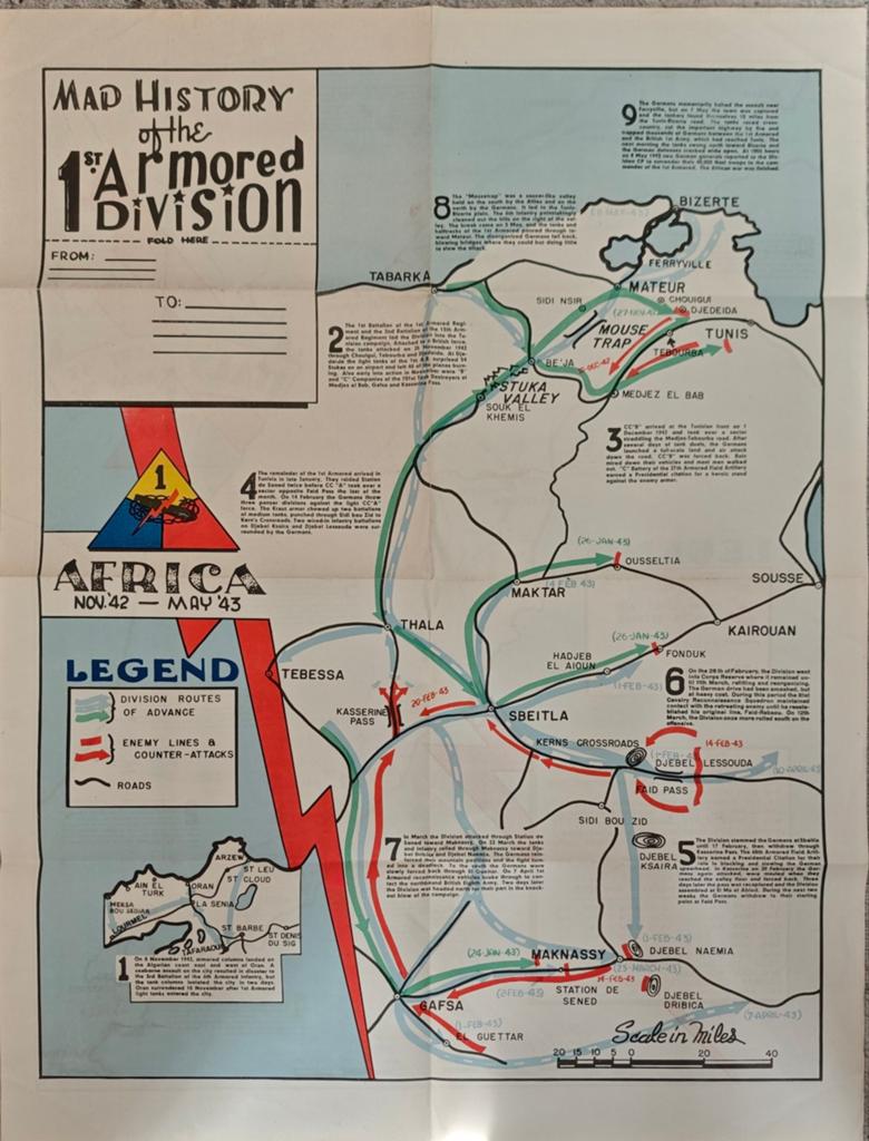 Original US WWII History Map of the 1st Armored Division,, Ophalen of Verzenden