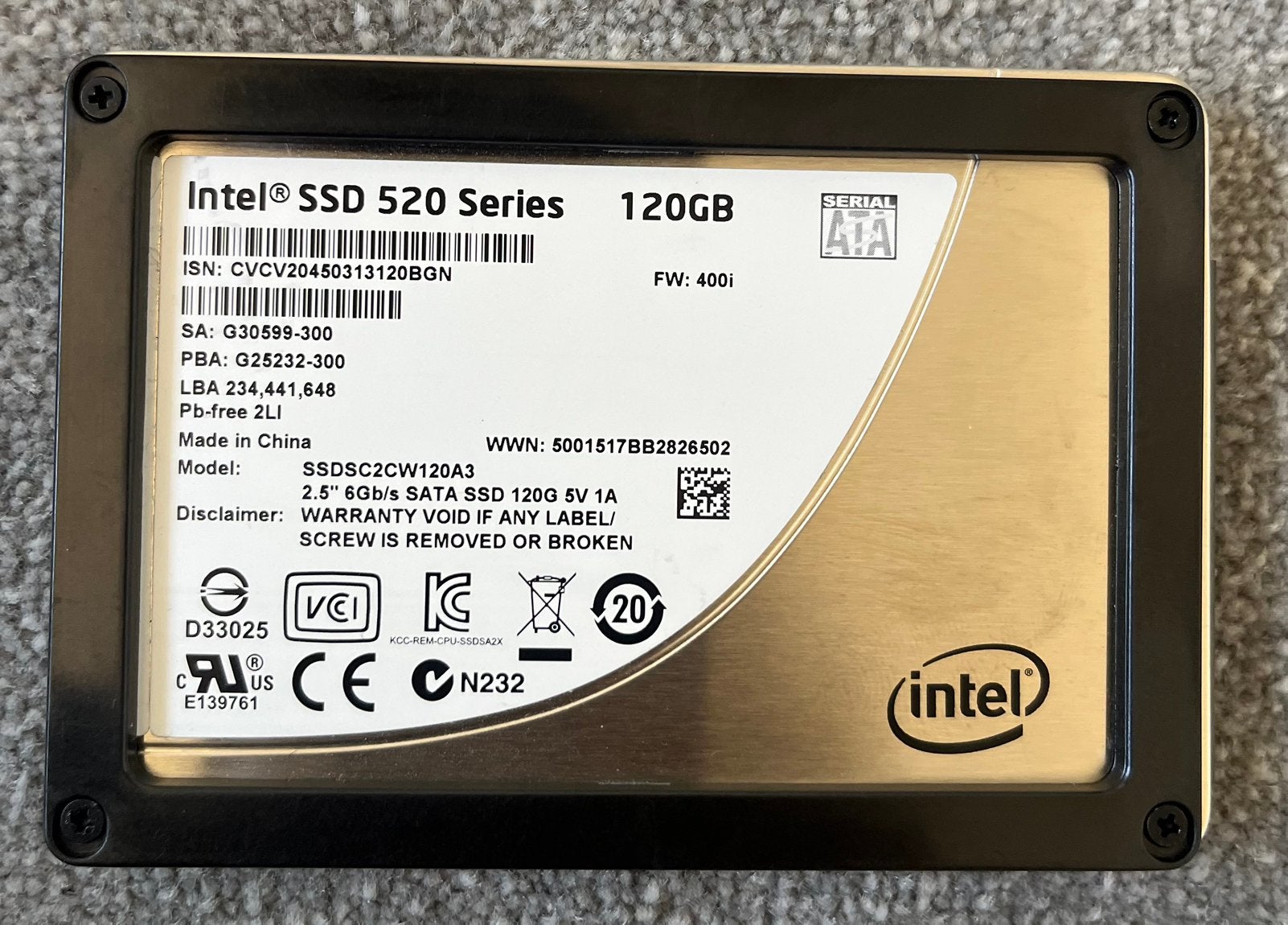 Intel SSD 520 Series 120GB (2.5” SATA SSD), Computers en Software, Harde schijven, Ophalen of Verzenden, Zo goed als nieuw, SATA