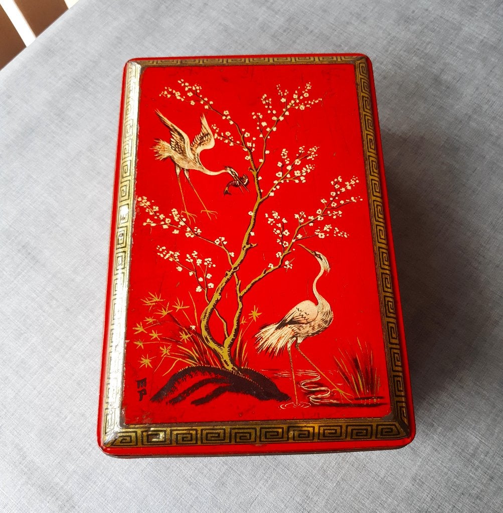 Vintage rode blik met kraanvogels, Antiek en Kunst, Curiosa en Brocante, Ophalen of Verzenden