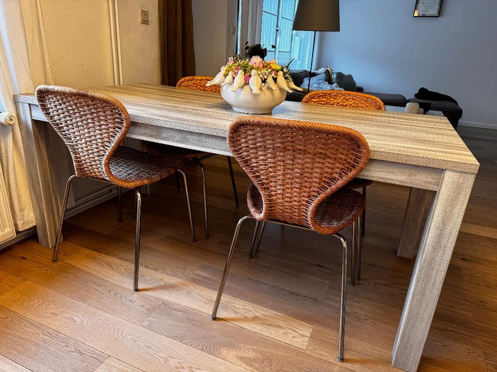4 rotanstoelen met zilverkleurige metalen poten, Huis en Inrichting, Stoelen, Ophalen, Overige kleuren, Metaal, Vier