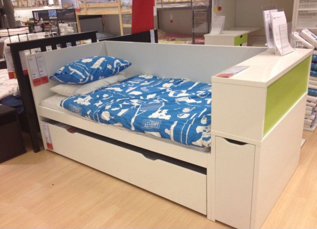 Ikea bedden Flaxa/Odda met uitschuifbaar logeerbed+kastje, Sommier à lattes, Enlèvement, 180 cm ou plus, 85 à 100 cm