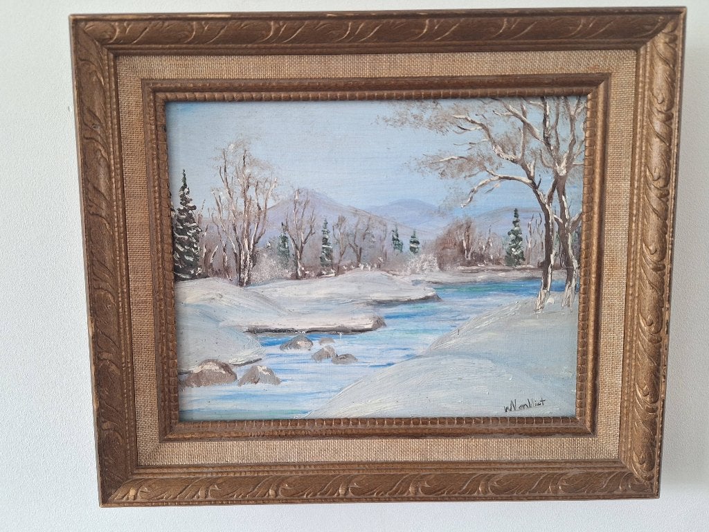 Winterlandschap Olieverf Schilderij Gesigneerd W. van Vliet, Antiek en Kunst, Kunst | Schilderijen | Klassiek, Paneel, Realistisch