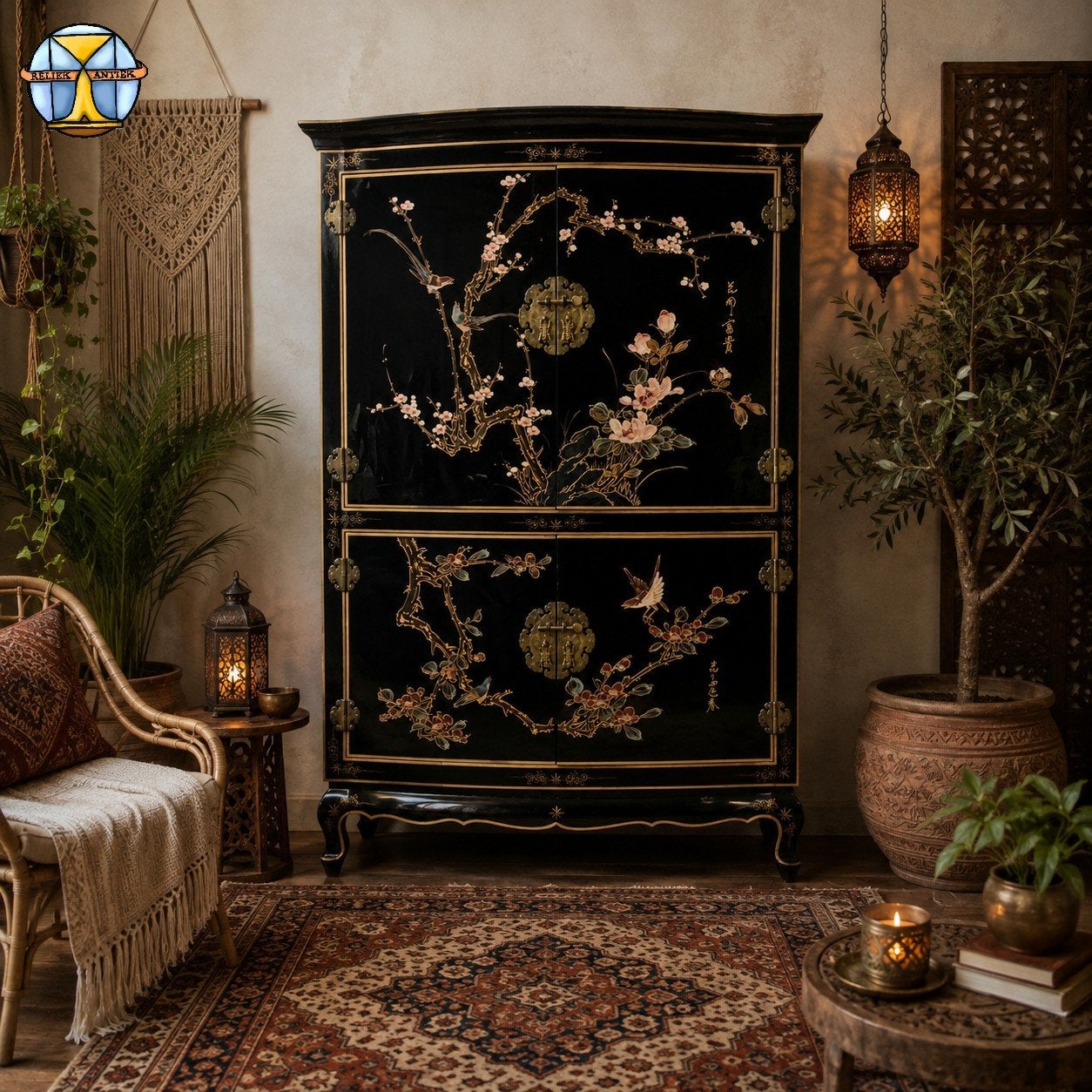 Armoire chinoise vintage laquée noire à fleurs et oiseaux/bo, Antiquités & Art, Antiquités | Meubles | Armoires, Enlèvement ou Envoi
