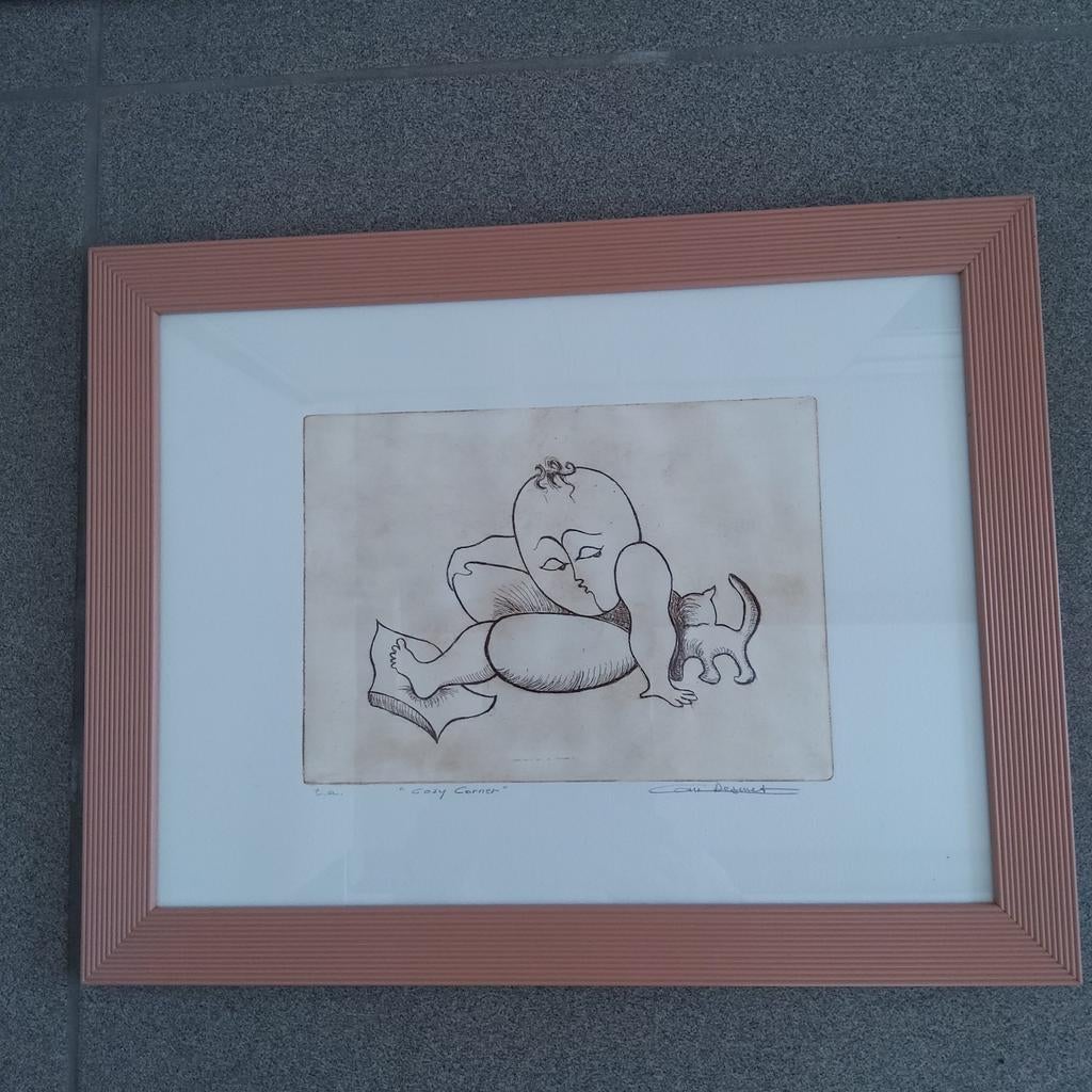 Ets " Cosy Corner". Ingelijst 45 x 35 cm., Ophalen, Ets, Ingelijst