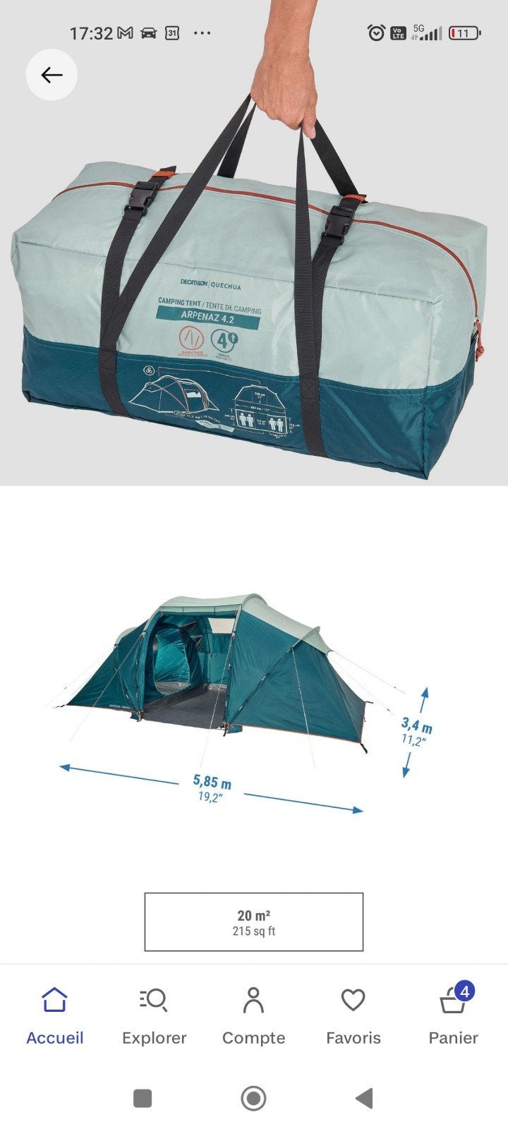 Tente  camping 4 places arpenaz 4.2 +3  tables et 1 réchaud, Enlèvement