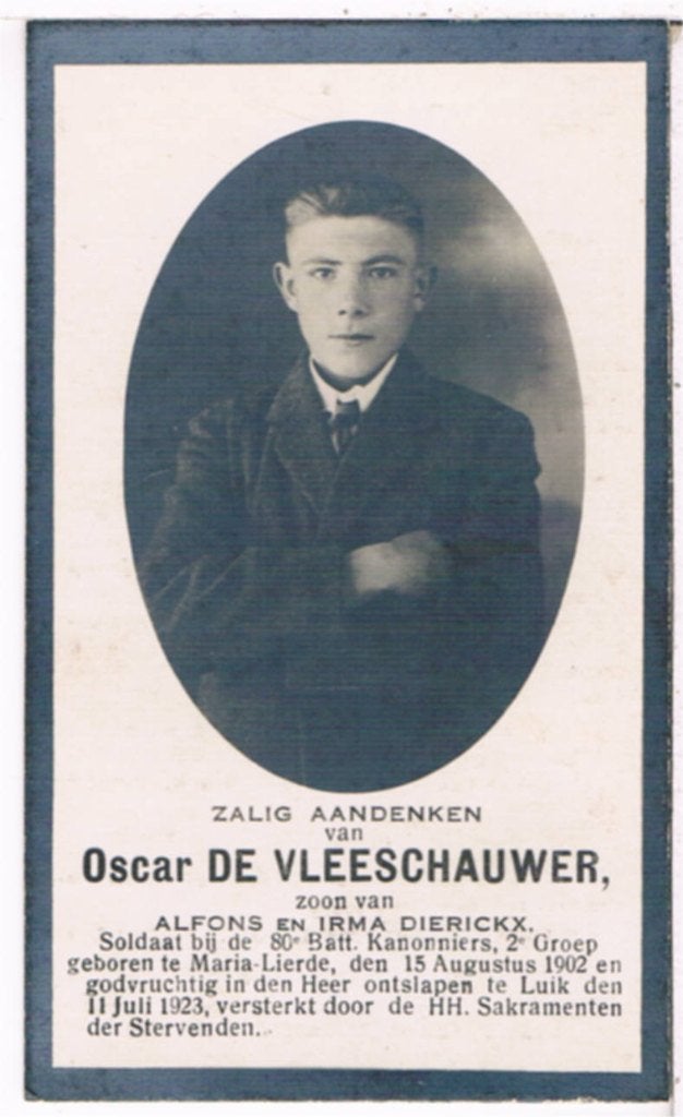 Sold. De Vleeschauwer Oscar.  Maria-Lierde 1902 † Luik 1923, Ophalen of Verzenden, Bidprentje
