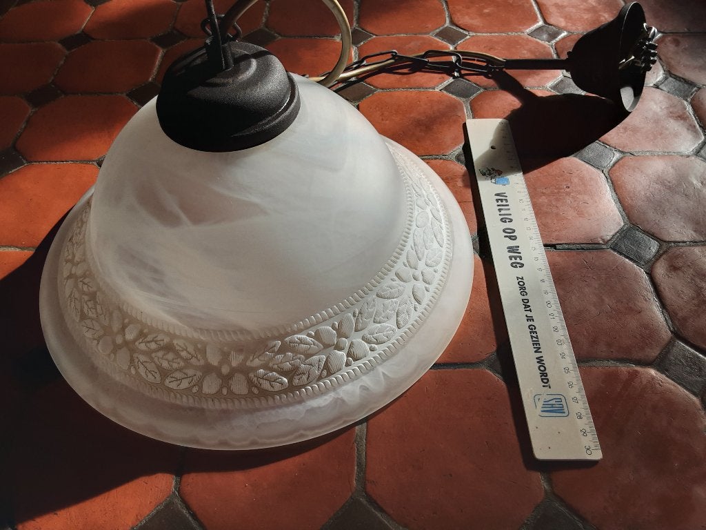 Lamp met kap in witgemarmerd glas, Ophalen, Gebruikt, Glas, E27 (groot)