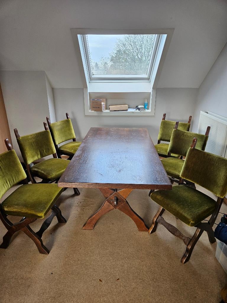 massief houten eettafel met 6 stoelen, Maison & Meubles, Enlèvement, Utilisé, 6 à 8 chaises