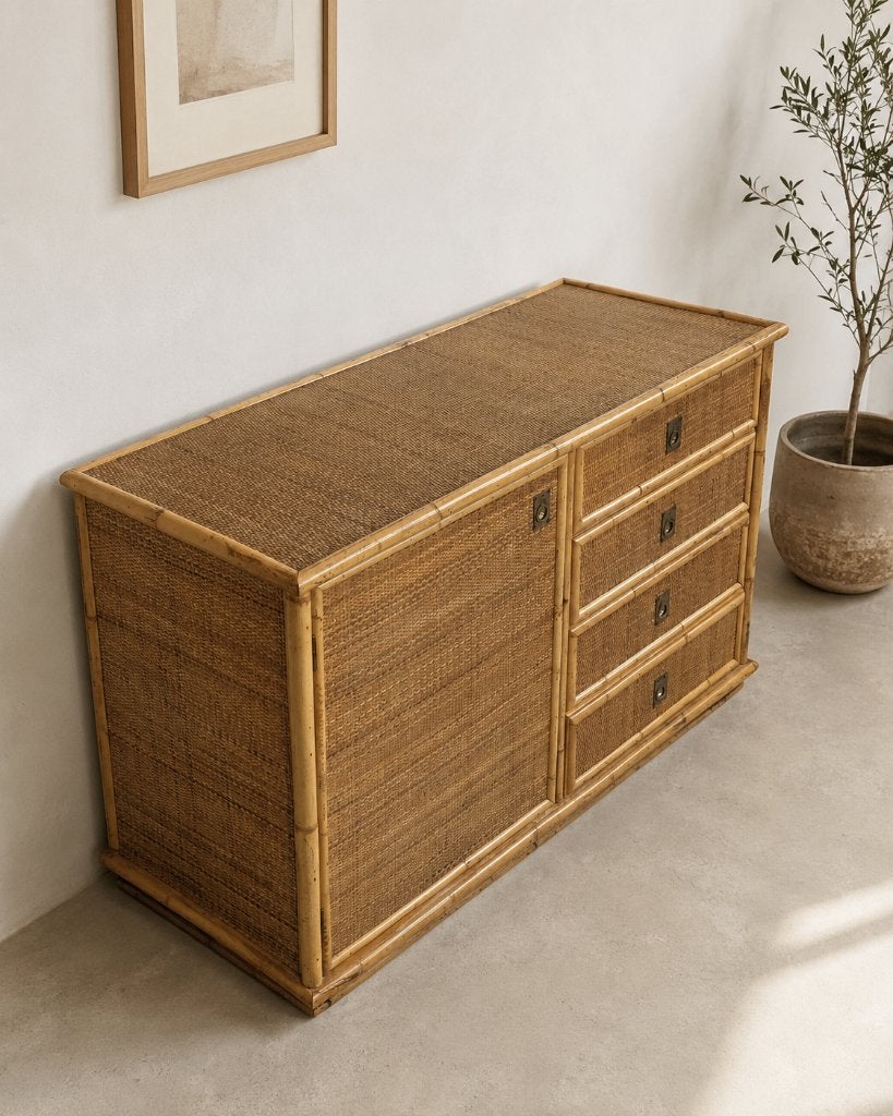 Buffet bas vintage en rotin et bambou, Enlèvement