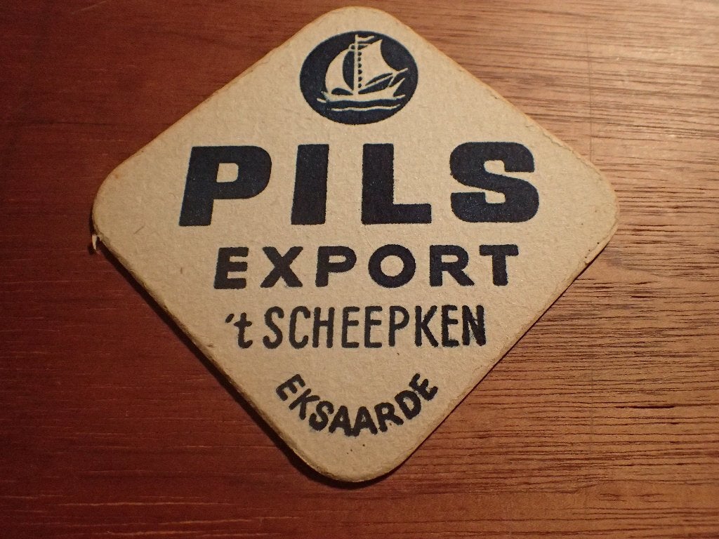 oud bierkaartje T scheepken Eksaarde Pils export, Verzamelen, Ophalen of Verzenden, Gebruikt, Viltje(s), Overige merken