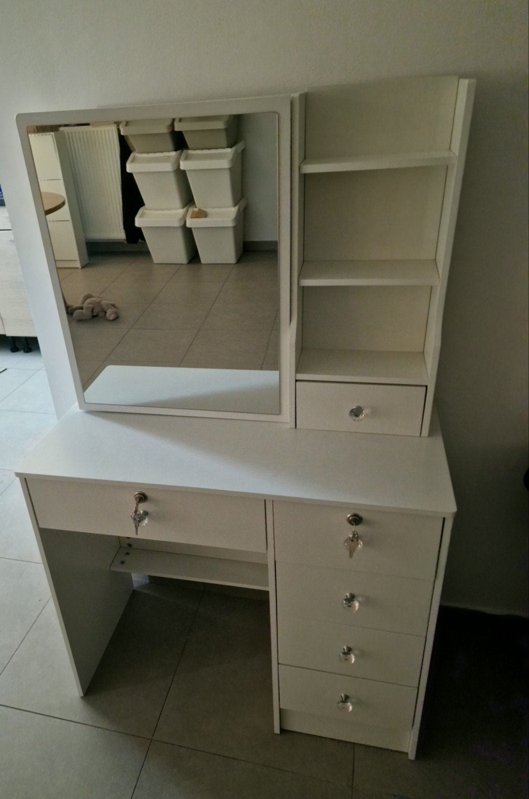 Coiffeuse blanche avec miroir et rangements, Maison & Meubles, Comme neuf, Enlèvement, 50 à 100 cm, 100 à 150 cm